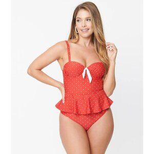 Unique Vintage Red & White Pin Dot Peplum Tankini Swim Set L